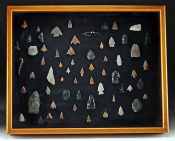 Framed Native American Knapped Stones (63 pcs)