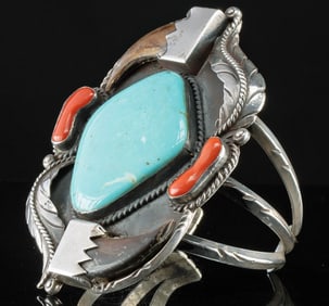 Navajo Silver Bracelet w/ Turquoise, Coral & Bear Claws