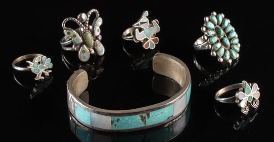 Zuni Pueblo Silver & Turquoise Bracelet Cuff & 5 Rings