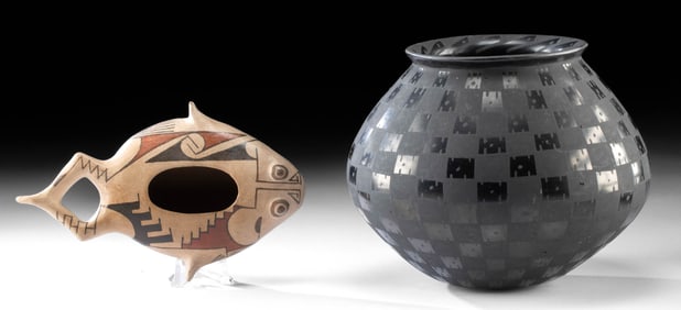 2 Mata Ortiz Pottery Vessels, Blackware Olla Pot & Frog