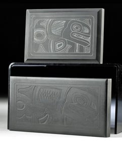 2 Northwest Coast Haida Argillite Etched Fish Plaques