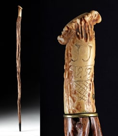 19th C. Wood & Deer Antler Monogrammed Walking Stick