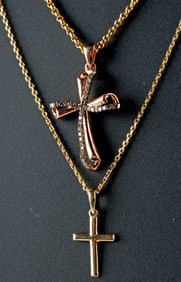 Two 14K / 10K Gold & Diamond Cross Necklaces w/ Chains