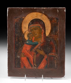 19th C. Russian Wood & Tempera Icon, Virgin of the Kiss
