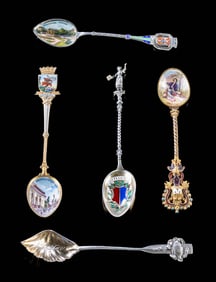 5 European & Texas Silver & Enameled Souvenir Spoons