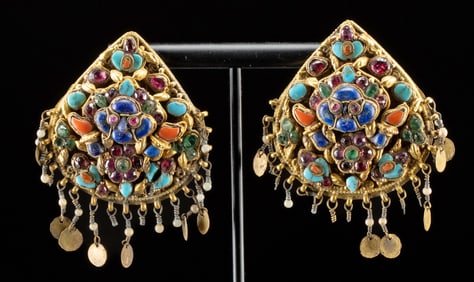 Nepalese Gold Earrings w/ Gemstones for Deity Statue