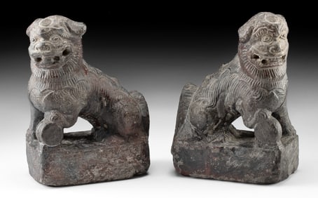 Rare Matched Pair Qing Dynasty Chinese Stone Fu Lions
