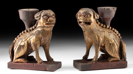Pair of 19th C. Chinese Wood Fu Dog Candle Base Stands