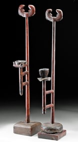 Pair 19th C. Chinese Lacquered Wood Oil Lamps w/ Fish