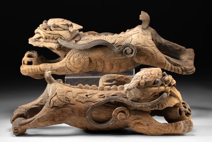 19th C. Chinese Wood Fu Lions, Architectural Elements