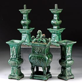19th C. Chinese Qing Green Glazed Pottery Censer Suite