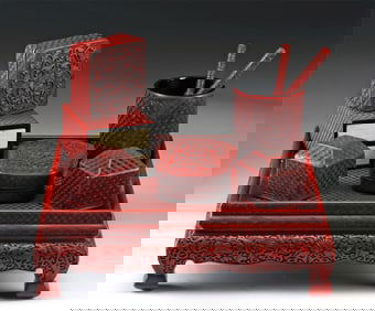 19th C. Chinese Qing Cinnabar Lacquer Scholar's Set