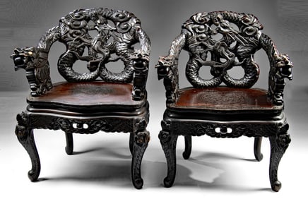 Pair of 19th C. Chinese Qing Ornate Wood Chairs