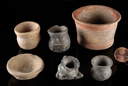 6 Miniature Aztec & Teotihuacan Pottery Vessels, Heflin