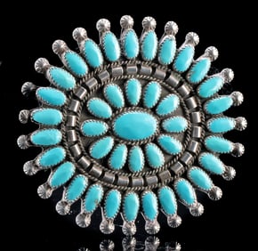 Navajo Silver & Turquoise Brooch by Yazzie Slim Jim