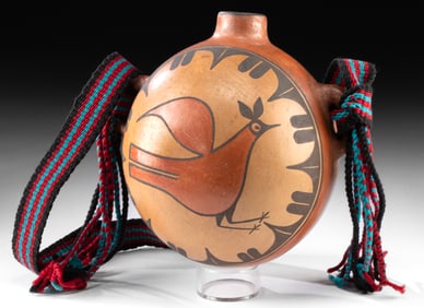 Zia Pueblo Pottery Canteen w/ Roadrunner & Woven Strap