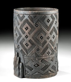 African Kuba Wood Palm Wine Cylinder Cup w/ Hands