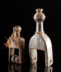 Two African Senufo Wood Heddle Pulleys for Weaving