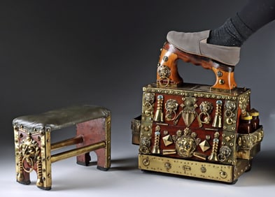 1920s Mexican Wood & Brass Ornate Shoeshine Box & Stool