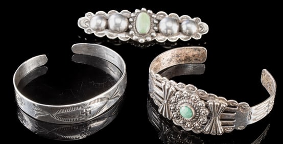 Fred Harvey Silver & Turquoise Cuffs & Brooch, 3pcs