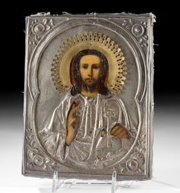 Russian Silvered & Gilt Oklad Icon - Salvator Mundi