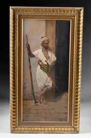 19th C. Orientalist Painting of Man w/ Turban & Rifle