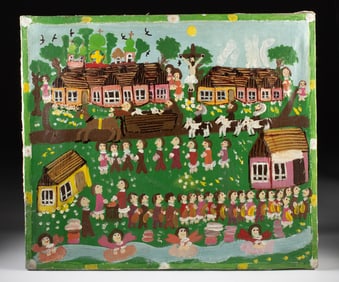 Tadeusz Zak Painting - "Village Scene with Crucifix"