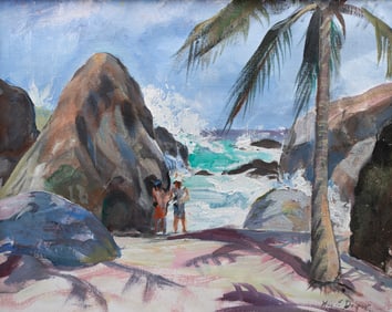 William Draper Beach Scene w/ Figures Oil Painting