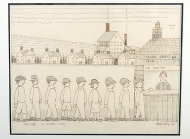 Jack Savitsky Drawing - "Payday 2 Dollers a Day" (1981)