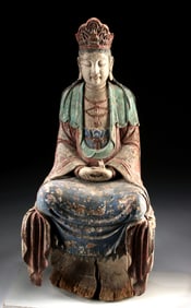 Large Ming / Qing Wooden Guanyin with Crown and Necklace