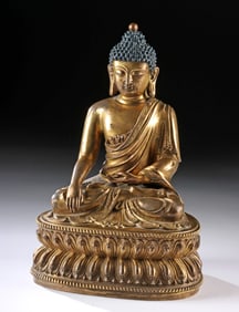 Qing Gilt Brass Shakyamuni Buddha, Blue Lacquer Hair
