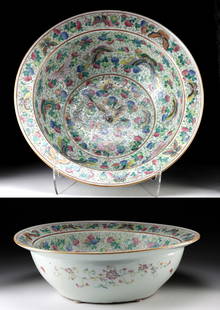 18th C. Chinese Kangxi Porcelain Bowl w/ Butterflies: East Asia, China, Qing Dynasty, ca. 18th century CE. A large and exquisite porcelain bowl or wash basin, adorned with vibrant enamel decorations of butterflies atop scrolling vines, with gourds and fl