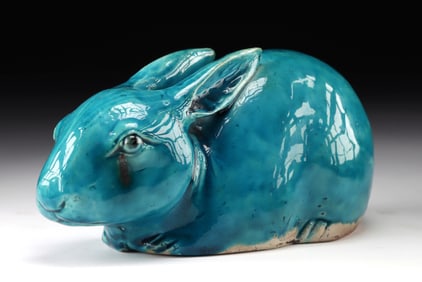 Early Chinese Qing Turquoise-Glazed Porcelain Rabbit
