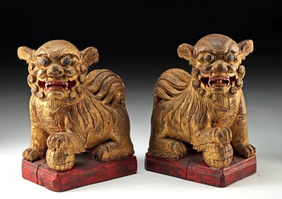 19th C. Chinese Qing Gilt Wood Fu Lions (pr)