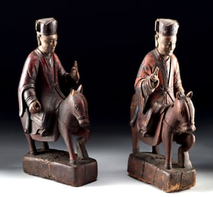 18th C. Qing Dynasty Wooden Taoist Immortals on Horseback (pr)