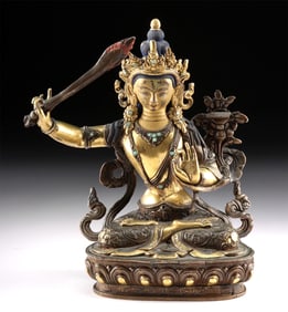 18th C. Tibetan Gilt Copper Manjushri w/ Sword and Lotus