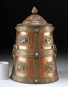Large 19th C. Tibetan Copper Vessel w/ Turquoise Inlays