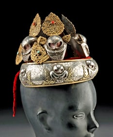 Tibetan Oracle’s Silver Headdress, Skulls and Gem Inlays