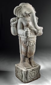 Monumental SE Asian Stone Ganesh Sculpture Holding Snakes