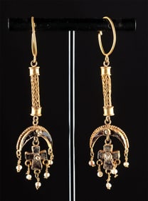 6th C. Byzantine Gold Earrings w/ Garnets & Pearls (pr)