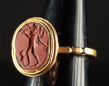 Roman Jasper Intaglio of Satyr & Dog in 22K + Gold Ring