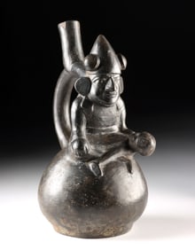 Moche Blackware Warrior Figure Stirrup Vessel