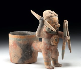 Jamacoaque Pottery Cylindrical Vessel w/ Warrior Figure