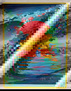 Peter Max Painting "A Better World Version IX" (1991): Peter Max (American, b. Germany 1937). "A Better World Version IX" acrylic on canvas, 1991. Signed at lower right. "11099" followed by copyright symbol followed by "Peter Max '91" handwritten on verso