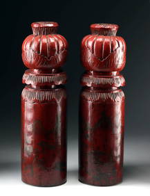 Rare Chinese Lacquered Wood Pillars w/ Lotus Finials (1 of 4)