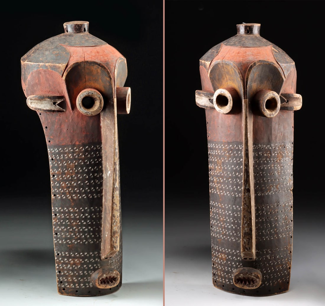 Large African Pende Wood Pumbu Chief Mask: Central Africa, Democratic Republic of the Congo, Kasai River area, eastern Pende peoples, ca. early to mid-20th century CE. A striking carved wooden mask known as a Pumbu, distinguished by its elonga