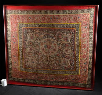 19th C. Persian Rasht Embroidery Panel Floral Motifs (framed): Central Asia, Northern Persia (Iran), ca. 19th century CE. A large and vibrant Rasht embroidery panel, crafted with intricate silk embroidery and applique fabric pieces set atop a foundation of wool f