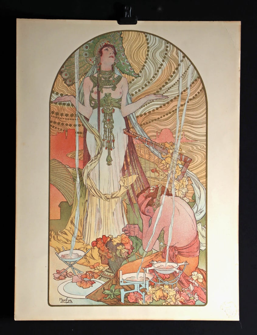 Alphonse Mucha "Incantation" L'Estampe Moderne, 1897: Alphonse Mucha (Czech-born expatriate in Paris, 1860-1939). "Incantation" (Salammbo) Lithograph in colors, Plate from L'Estampe Moderne, 1897. Printed by Champenois, Paris. L'Estampe Moderne blindstam