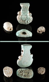 4 Egyptian Artifacts - 2 Scarabs, Bes Amulet, Faience Seal