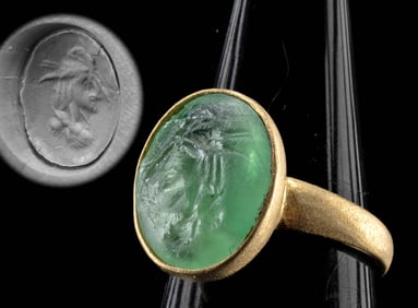 Roman Green Calcite Intaglio of Gryllus (in Gold Ring)